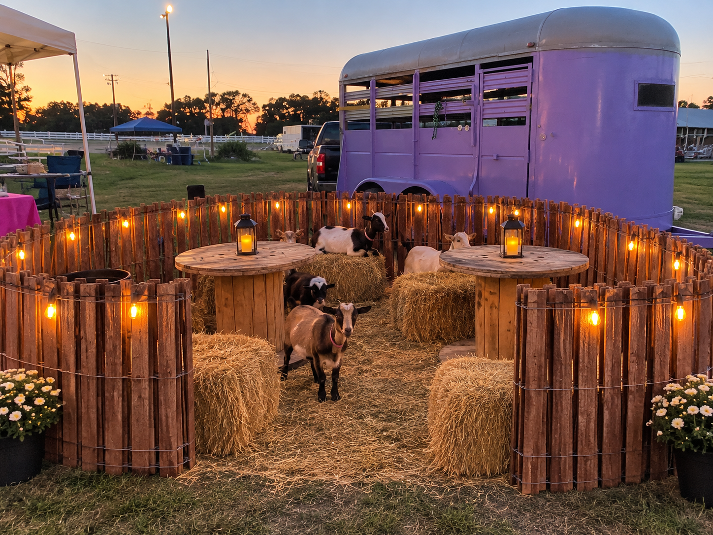 Goats relaxing in the rustic Goat Lounge at sunset
